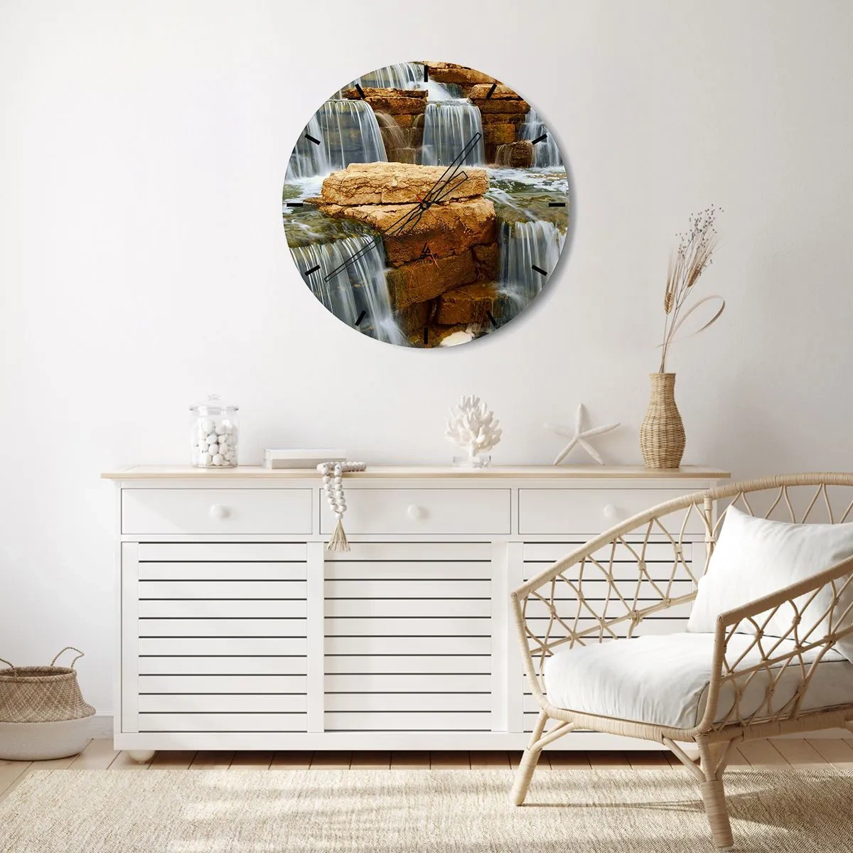 Vægur, Uret - Vandfald kaskader mod baggrund af klipper - 30x30cm - Trappe til himlen - Moderne vægdekoration til stue, køkken og soveværelse ARTTOR