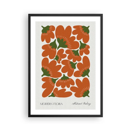 Plakat i sort ramme - Abstrakte orange blomster på en lys baggrund - 50x70cm - Fra en blomsts liv - Moderne vægdekoration til stue og soveværelse ARTTOR