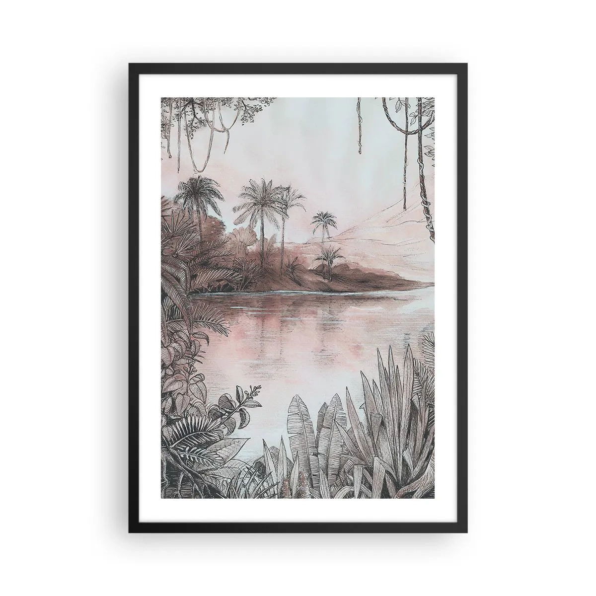 Plakat i sort ramme - Eksotisk landskab ved vandet - 50x70cm - En opdagelsesrejsendes dagbog fra det 19. århundrede - Moderne vægdekoration til stue og soveværelse ARTTOR