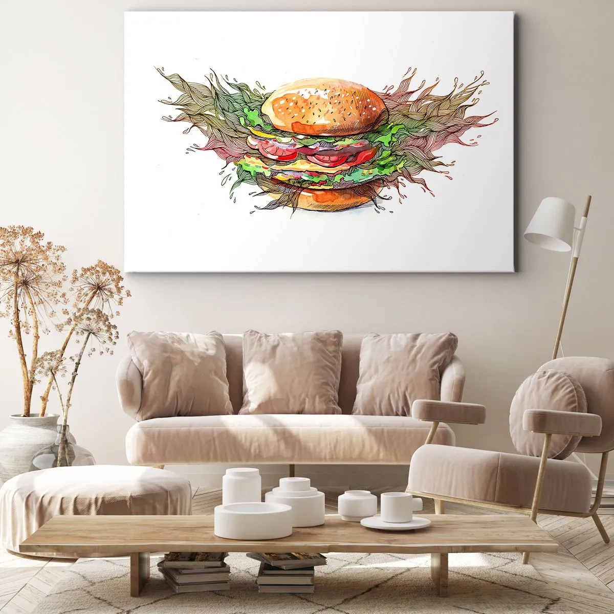 Lærredstryk - Billede på lærred - Kunstnerisk illustration af en burger med dynamiske elementer - 70x50cm - Varm fristelse - Moderne vægdekoration til stue og soveværelse ARTTOR