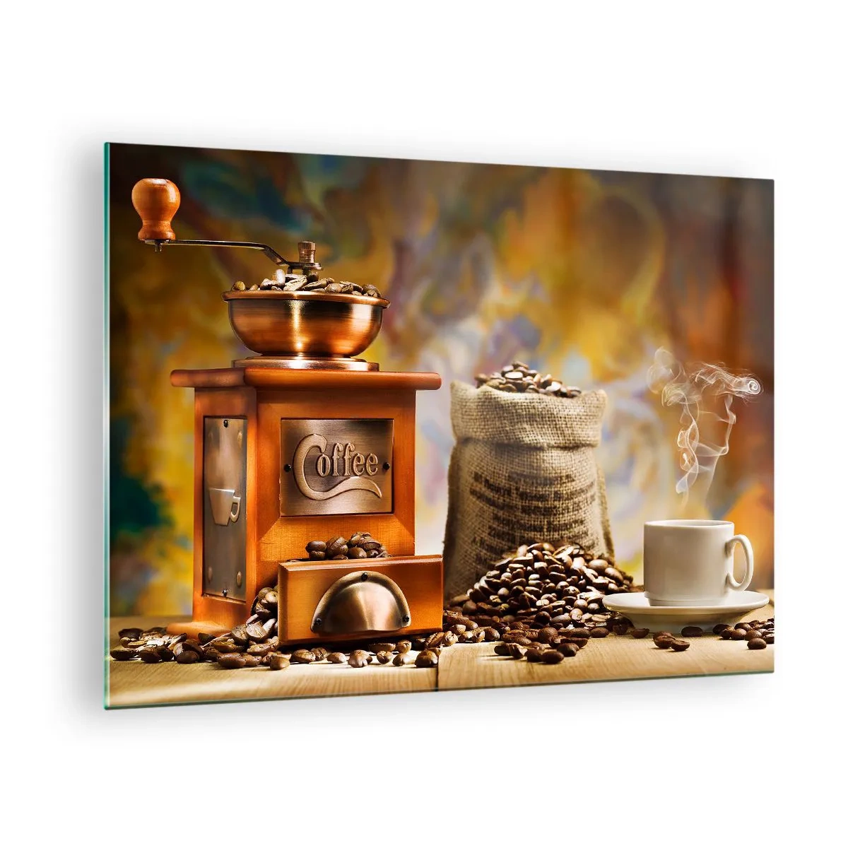 Billede på glas - Kaffekværn, bønner og en kop på et træbord - 70x50cm - Kornets knitren, møllens klirren - Moderne vægdekoration til stue og soveværelse ARTTOR