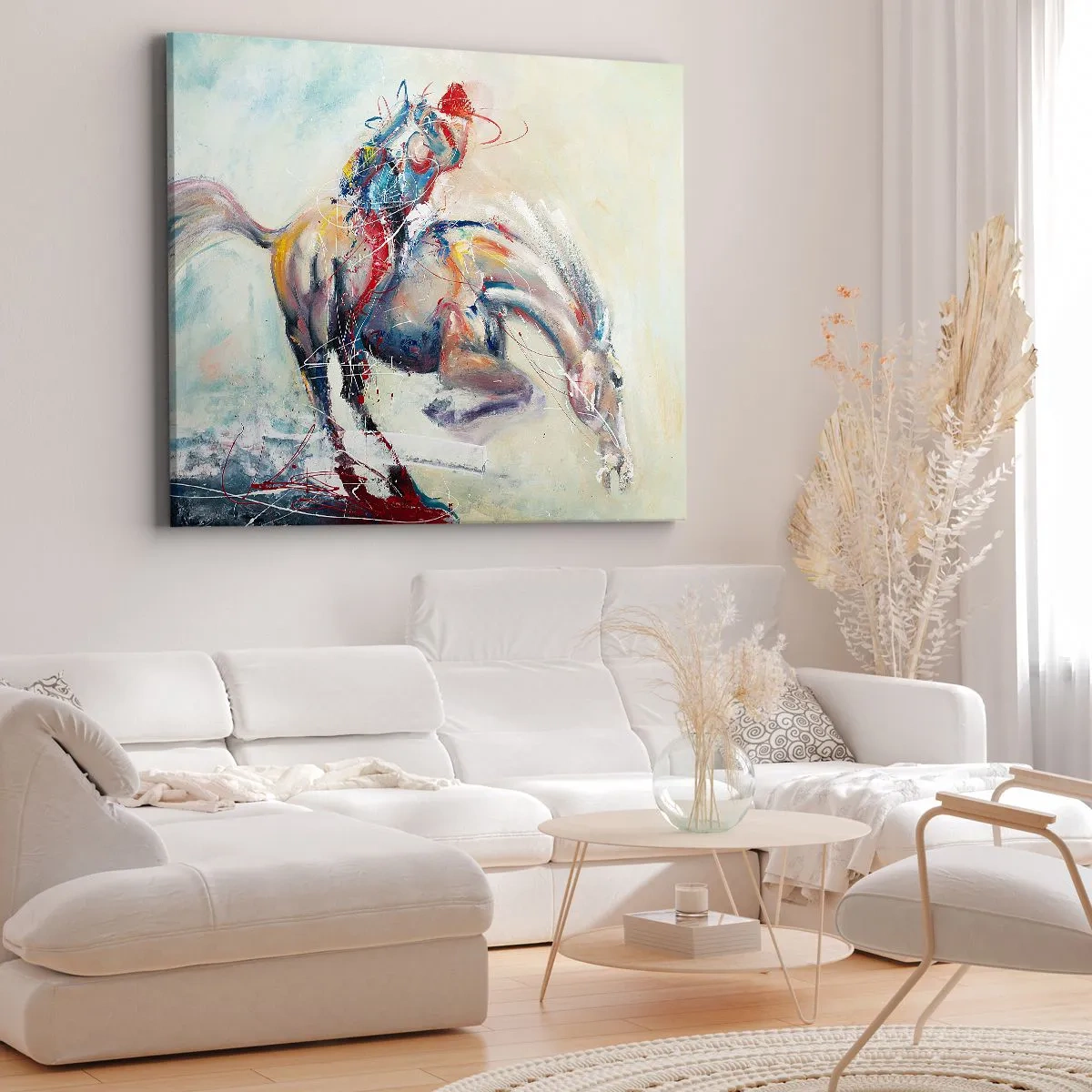 Lærredstryk - Billede på lærred - Et dynamisk billede af en hest i en abstrakt kunstnerisk stil. - 70x50cm - Hold fast, lad os flyve - Moderne vægdekoration til stue og soveværelse ARTTOR