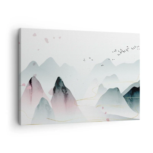 Lærredstryk - Billede på lærred - Abstrakte bjerge i pastelfarver - 70x50cm - Over toppene - Moderne vægdekoration til stue og soveværelse ARTTOR