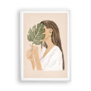 Plakat i hvid ramme - Mystisk portræt med en vifte - 70x100 cm
