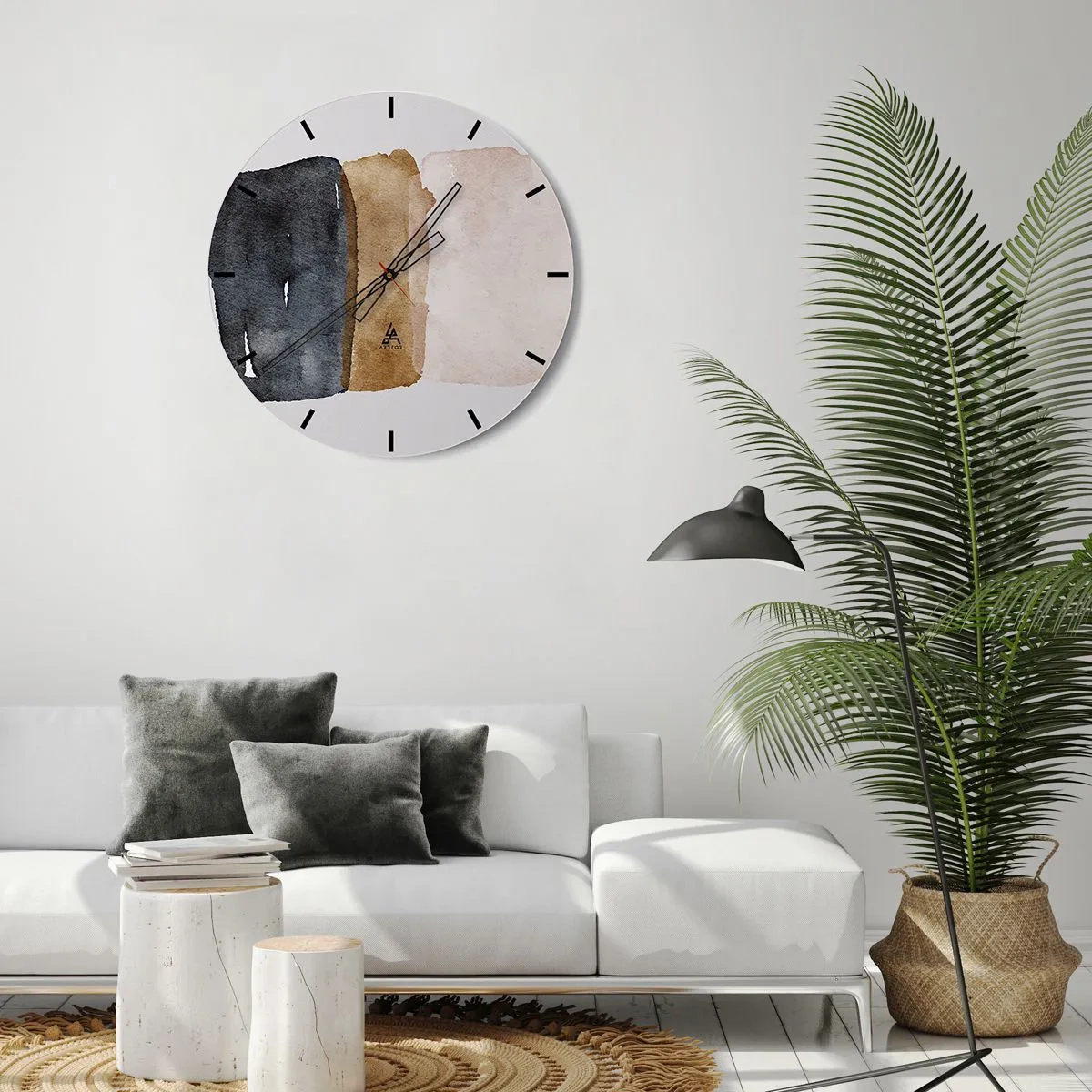 Vægur, Uret - Tre akvarelstriber i nuancer af sort, brun og beige - 30x30cm - Sammensætning af jordfarver - Moderne vægdekoration til stue, køkken og soveværelse ARTTOR