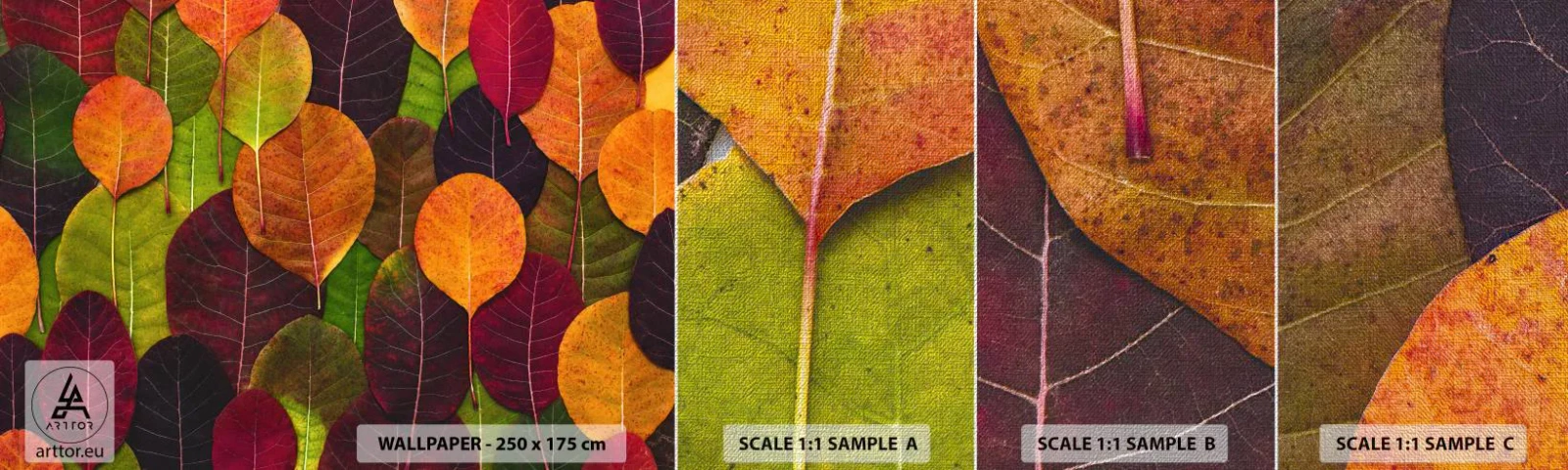 Prøve Fototapet Premium Canvas - Efterårsmosaik - Grafik, Farverige blade, Stykke - 100x30 cm