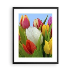 Plakat i sort ramme - En blomstret regnbue i dugdråber - 40x50 cm