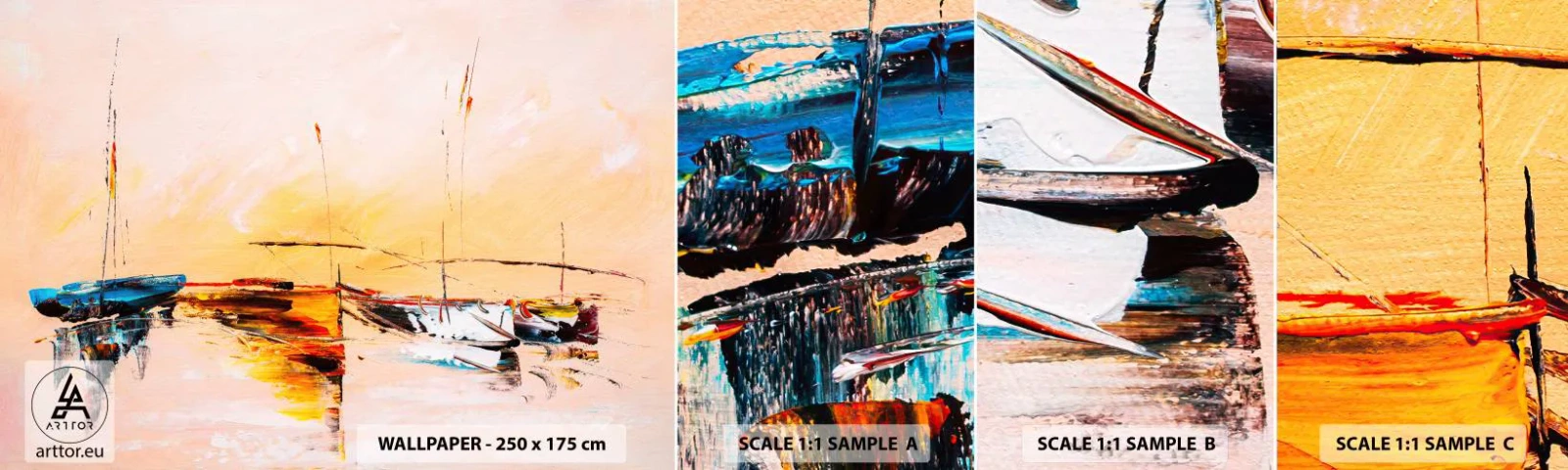 Prøve Fototapet Selvklæbende Deluxe Sticker - En aften i havnen - Både, Sejlbåde, Stykke - 100x30 cm