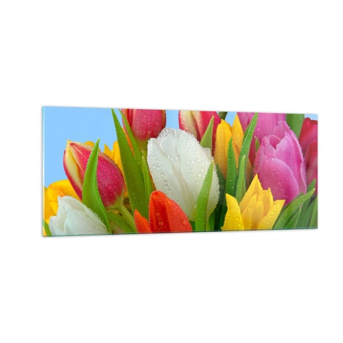 Billede på glas - En blomstret regnbue i dugdråber - 100x40 cm