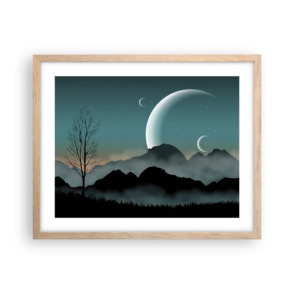 Plakat i ramme af lyst egetræ - Karneval i den stjerneklare nat - 50x40 cm