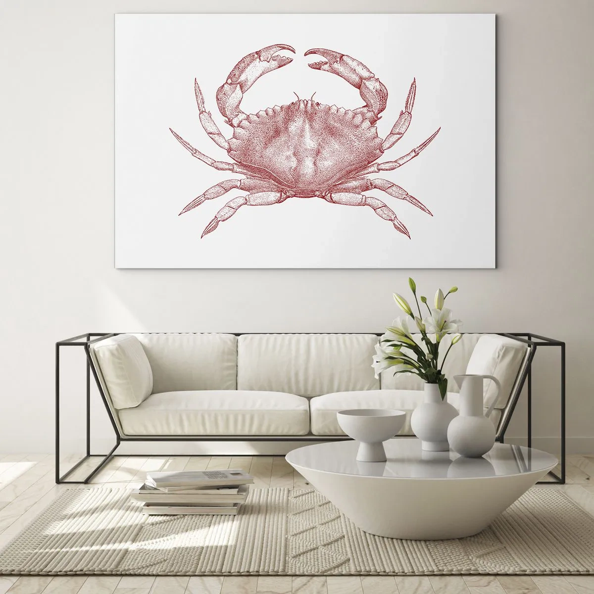 Billede på glas - Skitse af en rød krabbe på en lys baggrund i retrostil - 70x50cm - Krabbe over krabber - Moderne vægdekoration til stue og soveværelse ARTTOR