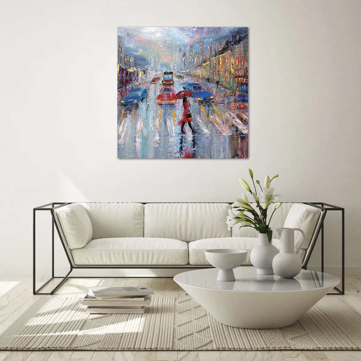 Billede på glas - Regnfuld eftermiddag i byen - 70x70 cm