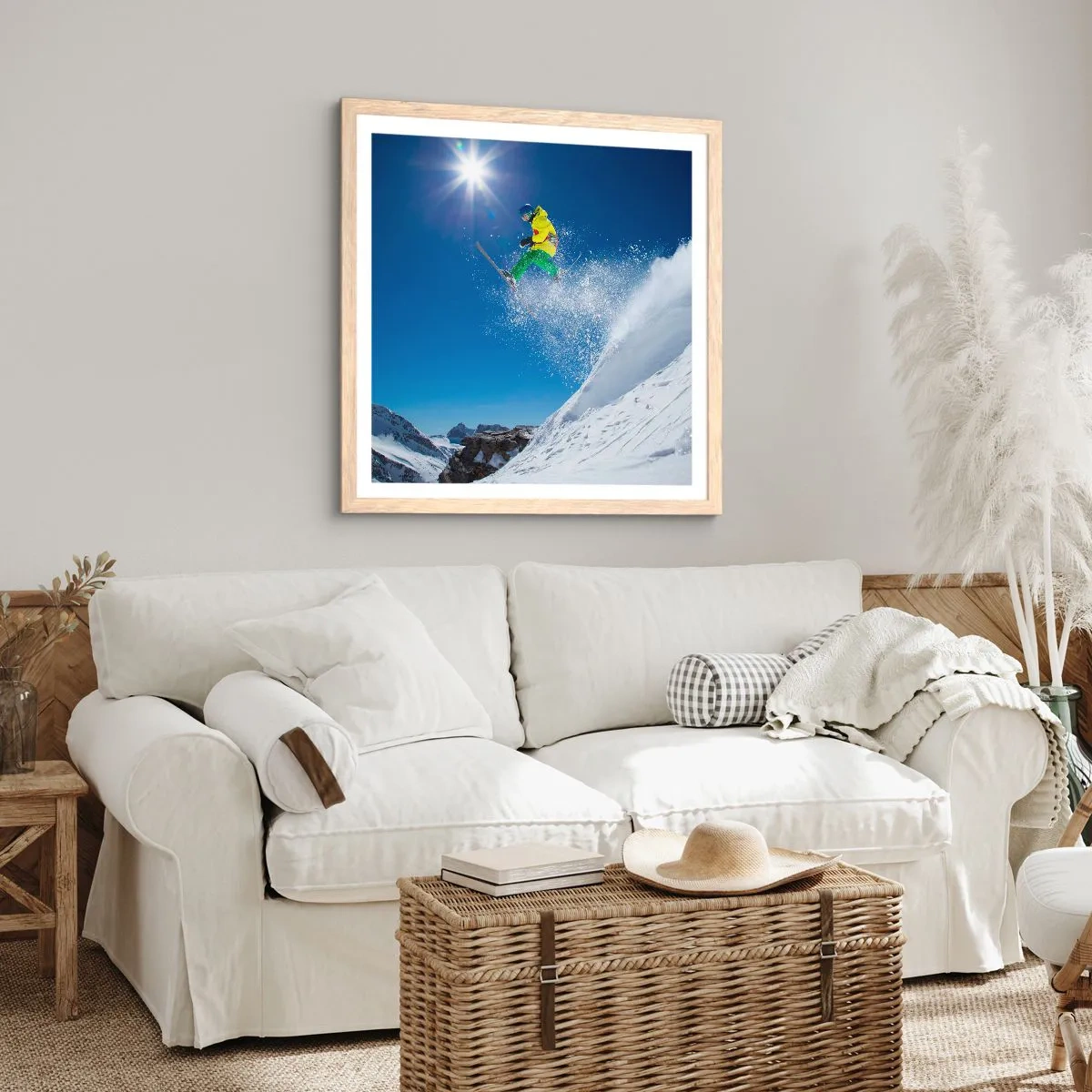 Plakat i ramme af lyst egetræ - Danser med bjergene - 30x30 cm