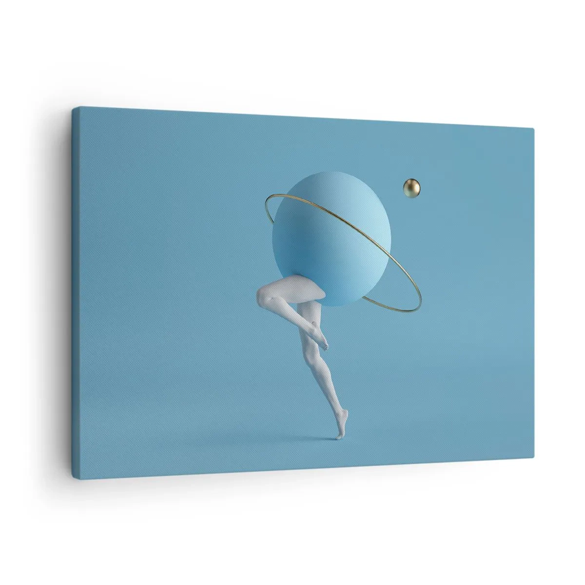 Lærredstryk - Billede på lærred - En blå kugle med en bane og menneskeben mod himlen - 70x50cm - Og planeterne går amok - Moderne vægdekoration til stue og soveværelse ARTTOR