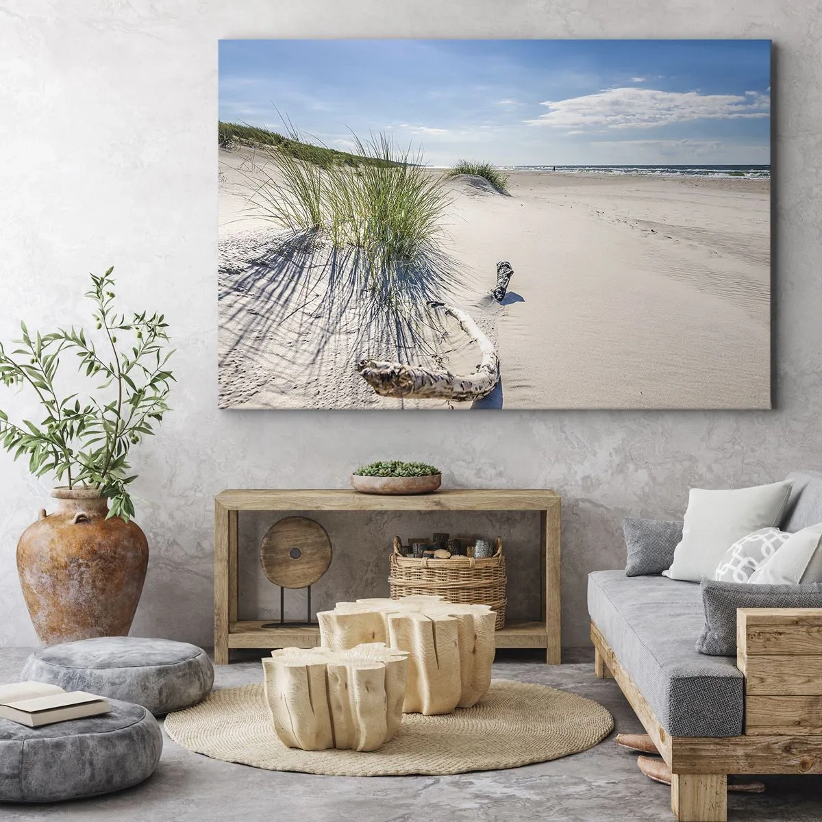 Lærredstryk - Billede på lærred - En baltisk strand med sand, græs og en rolig blå himmel - 70x50cm - Den smukkeste? Baltisk - Moderne vægdekoration til stue og soveværelse ARTTOR