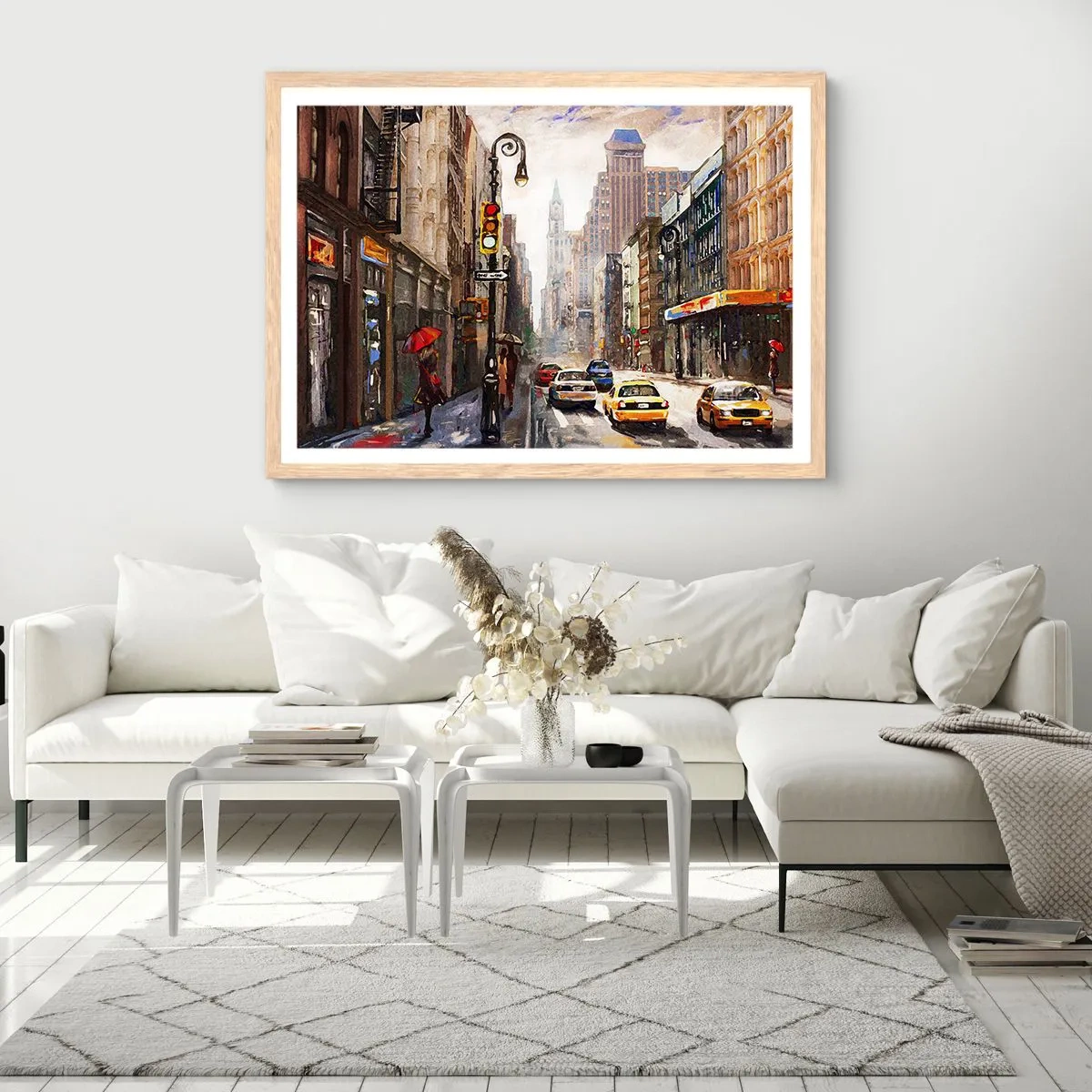 Plakat i ramme af lyst egetræ - New York - også farverig i regnvejr - 91x61 cm