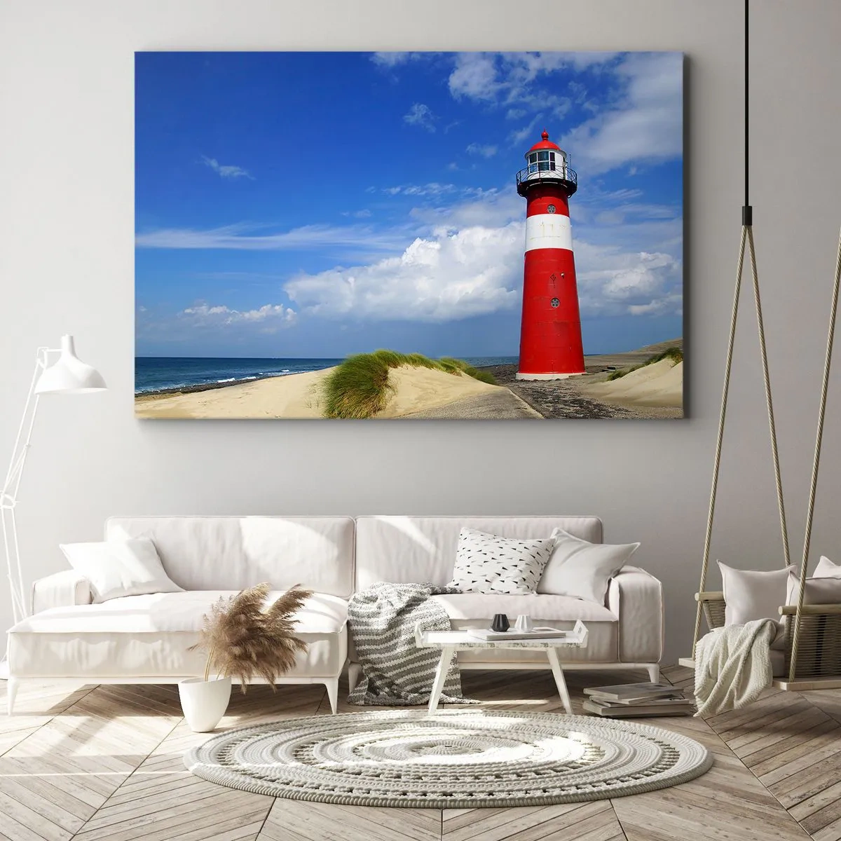 Lærredstryk - Billede på lærred - Rødt fyrtårn på stranden under en blå himmel - 70x50cm - En drøm om ensomhed - Moderne vægdekoration til stue og soveværelse ARTTOR