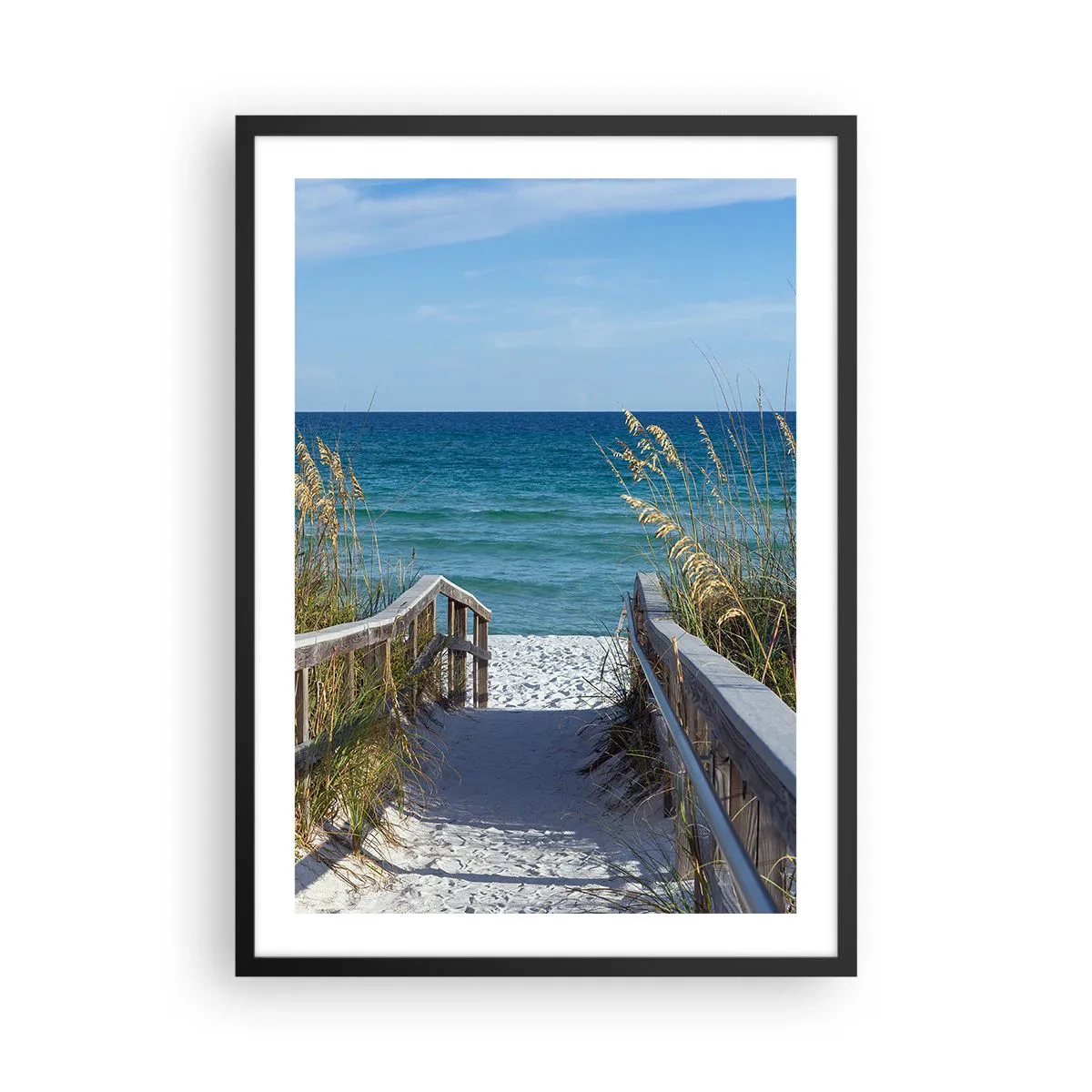 Plakat i sort ramme - Indgang til stranden med havudsigt - 50x70cm - I solen, i vinden - Moderne vægdekoration til stue og soveværelse ARTTOR