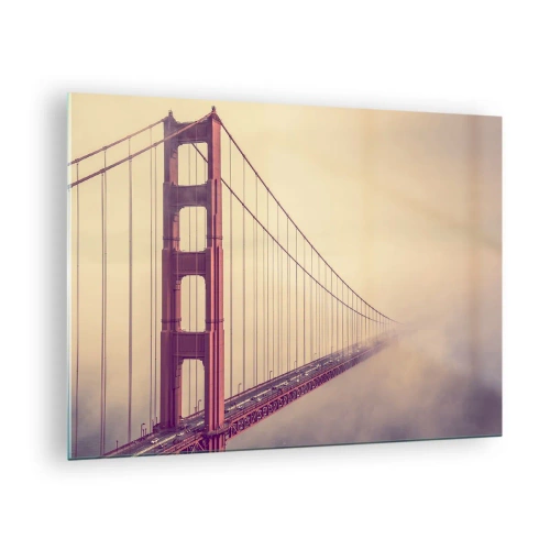 Billede på glas - San Franciscos Golden Gate Bridge i et tåget landskab - 70x50cm - Mellem himmel og jord - Moderne vægdekoration til stue og soveværelse ARTTOR