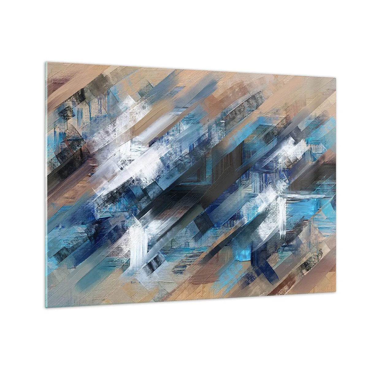 Billede på glas - Abstrakte diagonale striber i nuancer af blå, hvid og beige - 70x50cm - På en blå skråning - Moderne vægdekoration til stue og soveværelse ARTTOR