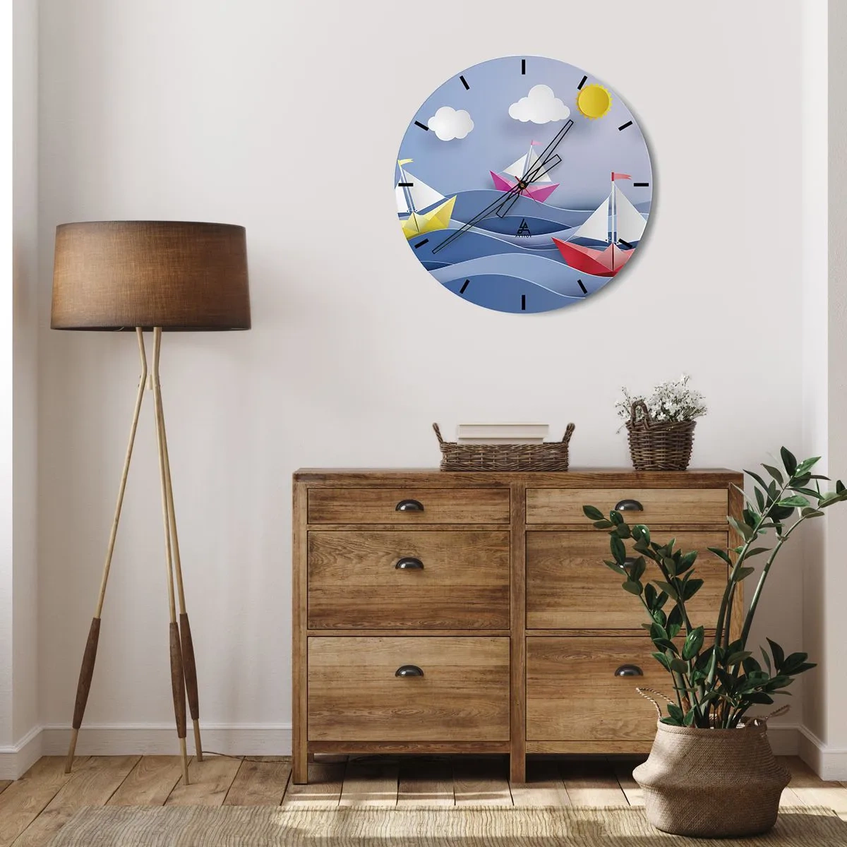 Vægur, Uret - Papirbåde på bølgerne på en solskinsdag - 30x30cm - Ah, hvor dejligt at svinge sig mellem bølgerne - Moderne vægdekoration til stue, køkken og soveværelse ARTTOR