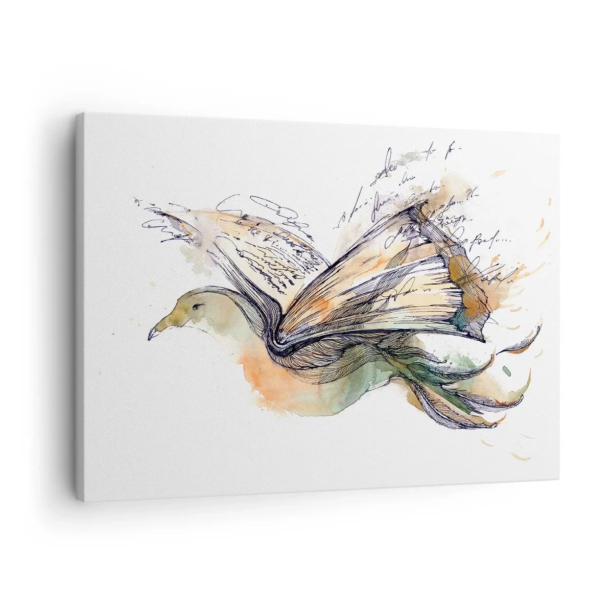 Lærredstryk - Billede på lærred - Kunstnerisk akvarelmaleri af en fugl med en bog som vinger - 70x50cm - På poesiens vinger - Moderne vægdekoration til stue og soveværelse ARTTOR