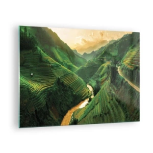 Billede på glas - Maleriske risterrasser i dalen ved solnedgang - 70x50cm - Vietnamesisk dal - Moderne vægdekoration til stue og soveværelse ARTTOR