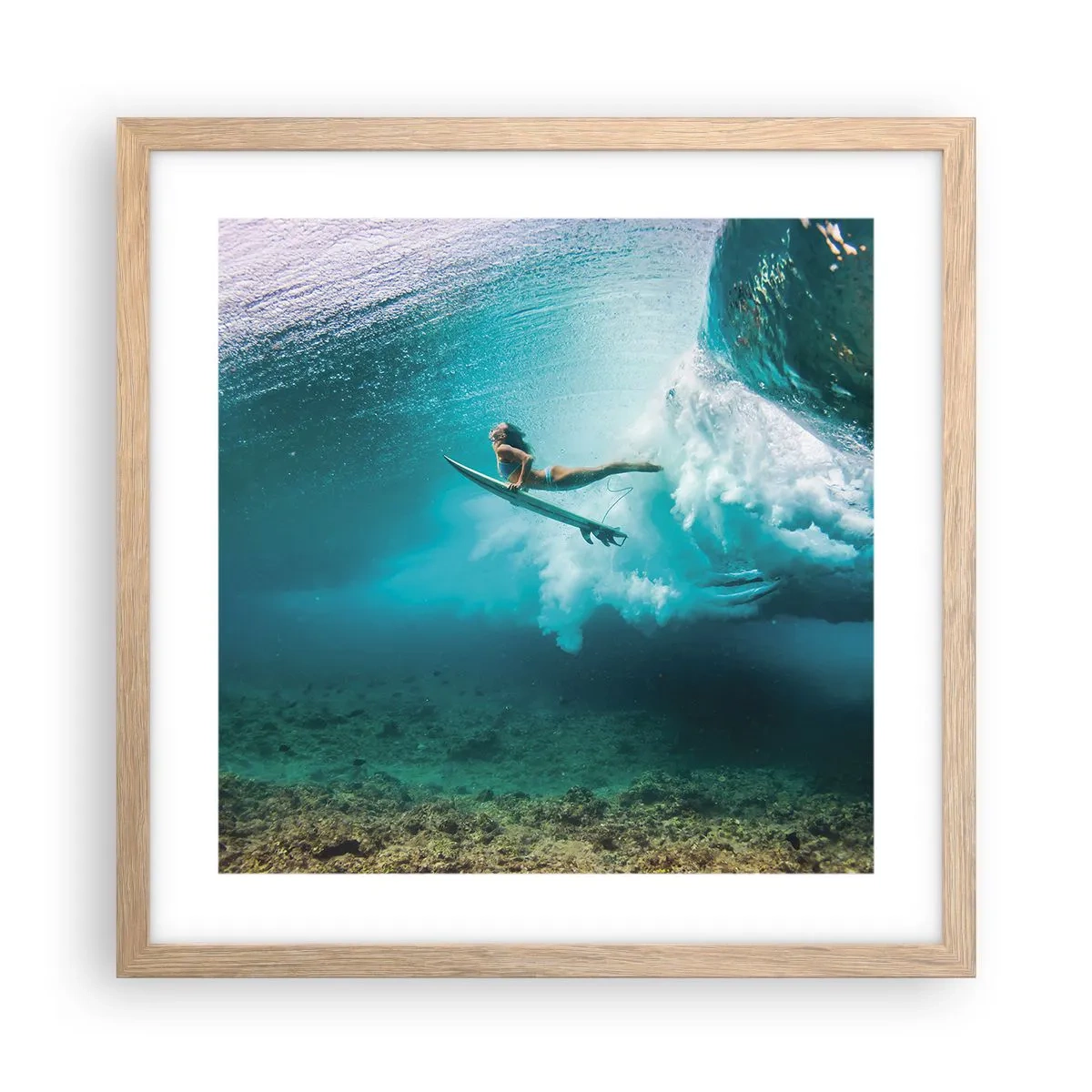 Plakat i ramme af lyst egetræ - Undervandsverden - 40x40 cm