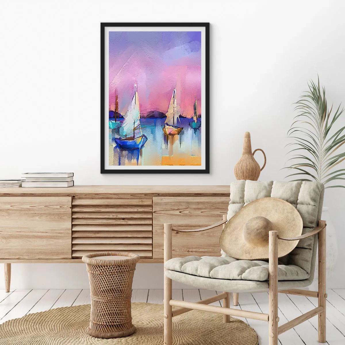 Plakat i sort ramme - Abstrakte sejlbåde på en farverig baggrund - 50x70cm - Retning: brede farvande - Moderne vægdekoration til stue og soveværelse ARTTOR