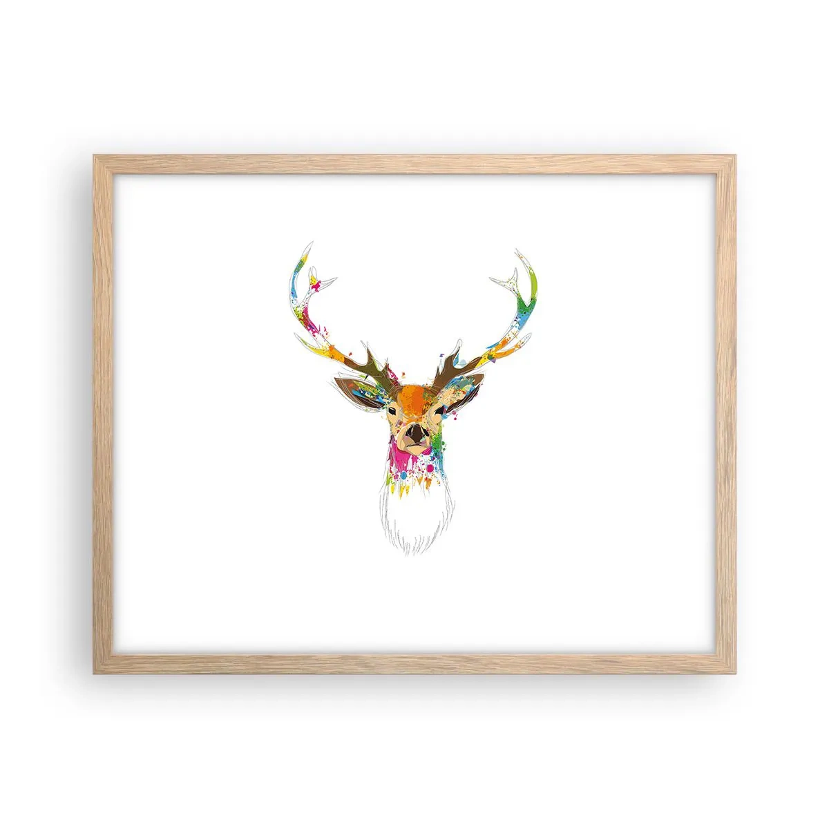 Plakat i ramme af lyst egetræ - Blid kronhjort badet i farver - 50x40 cm