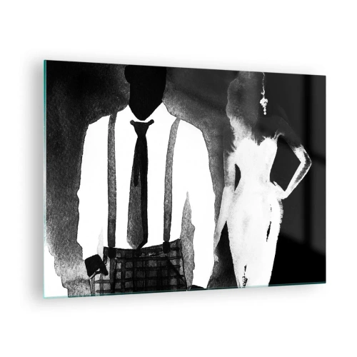 Billede på glas - Sort og hvid silhuet af et elegant noir-par - 70x50cm - I en noir-atmosfære - Moderne vægdekoration til stue og soveværelse ARTTOR