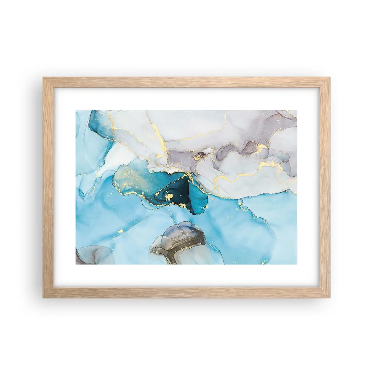 Plakat i ramme af lyst egetræ - En undersøgelse af mødet mellem grå og turkis - 40x30 cm