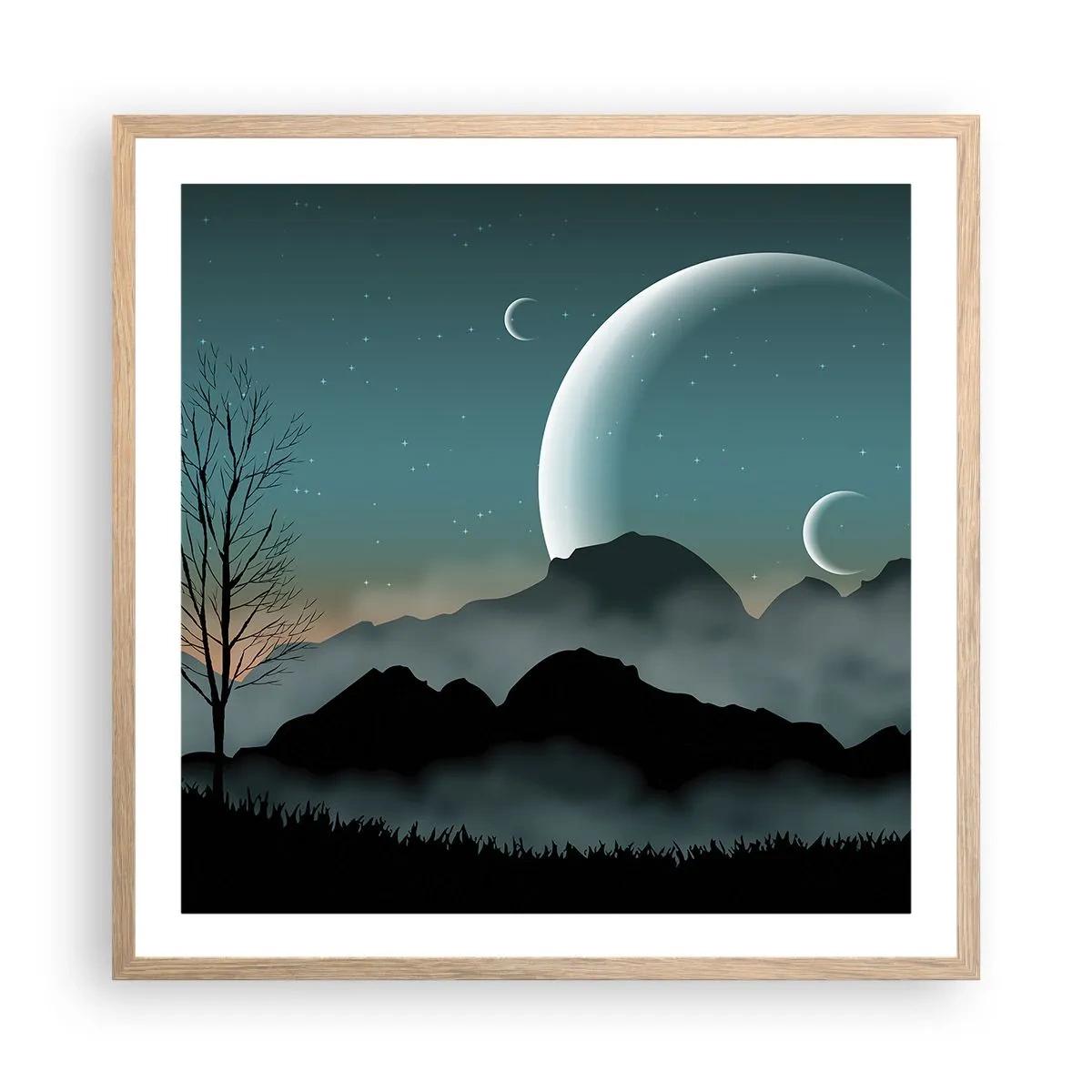 Plakat i ramme af lyst egetræ - Karneval i den stjerneklare nat - 60x60 cm