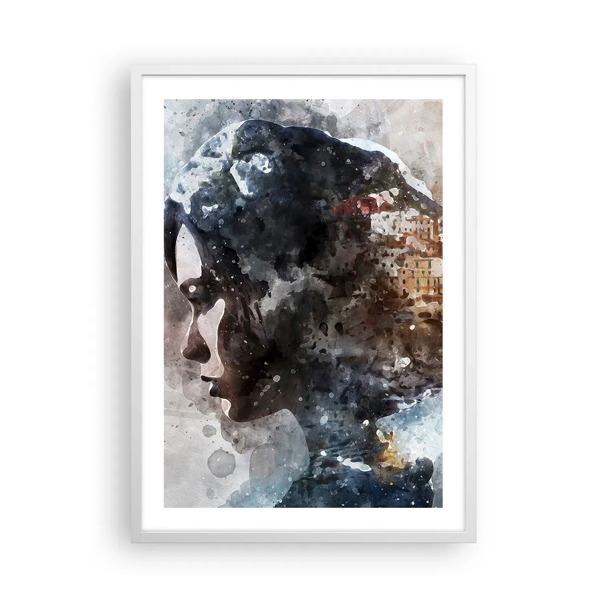 Plakat i hvid ramme - Historien om en pige med en by i baggrunden - 50x70 cm