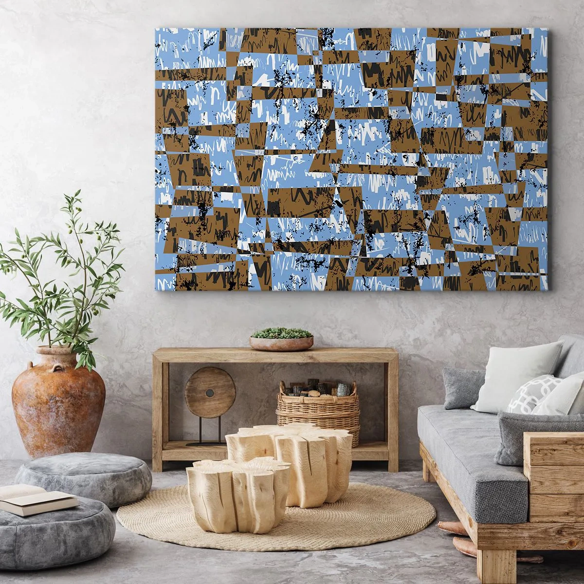 Lærredstryk - Billede på lærred - En abstrakt komposition af rektangler i nuancer af brunt og blåt. - 70x50cm - Ikke oversvømmet udskæring - Moderne vægdekoration til stue og soveværelse ARTTOR