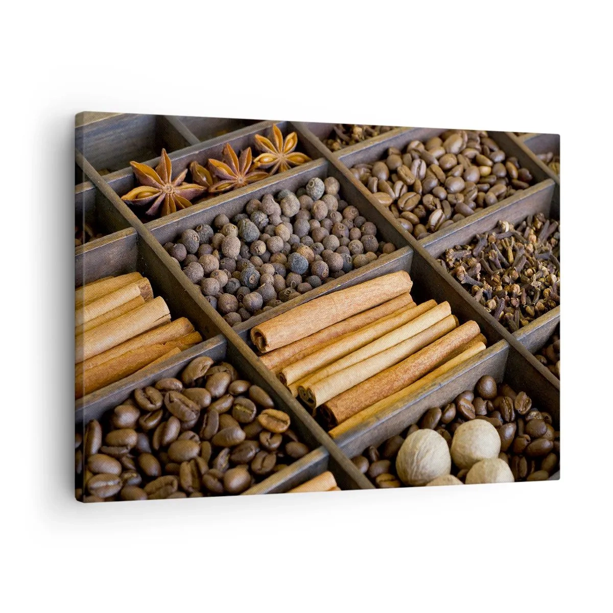 Lærredstryk - Billede på lærred - Krydderier og kaffe i trærum - 70x50cm - Et skatkammer af aromaer - Moderne vægdekoration til stue og soveværelse ARTTOR