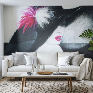 Fototapet Selvklæbende Deluxe Sticker - Altid et mysterium - Kvinde i en hat, Kvindens ansigt, røde læber - 200x140 cm