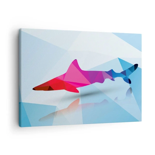 Lærredstryk - Billede på lærred - Geometrisk hajsilhuet i lyserøde og blå nuancer - 70x50cm - En haj i et krystallinsk rum - Moderne vægdekoration til stue og soveværelse ARTTOR