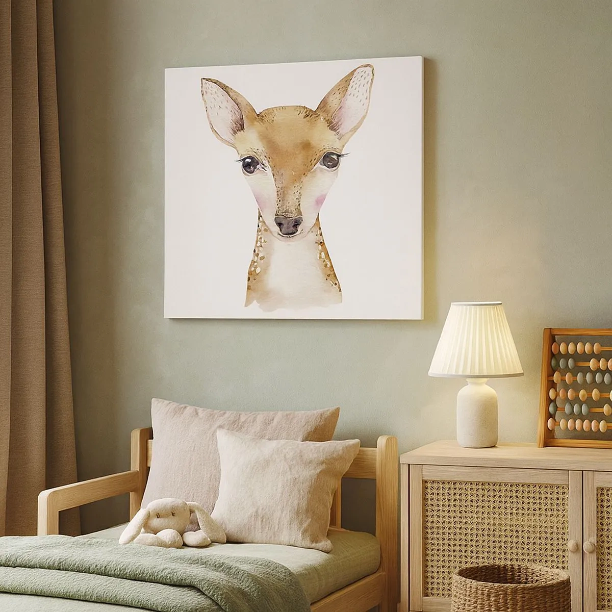 Lærredstryk - Billede på lærred - Akvarelportræt af en ung rådyr på en hvid baggrund - 70x50cm - Uskyldighedens natur - Moderne vægdekoration til stue og soveværelse ARTTOR