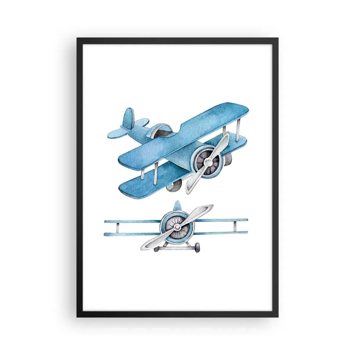 Plakat i sort ramme - Akvarelblå biplaner - 50x70cm - En født vinder - Moderne vægdekoration til stue og soveværelse ARTTOR