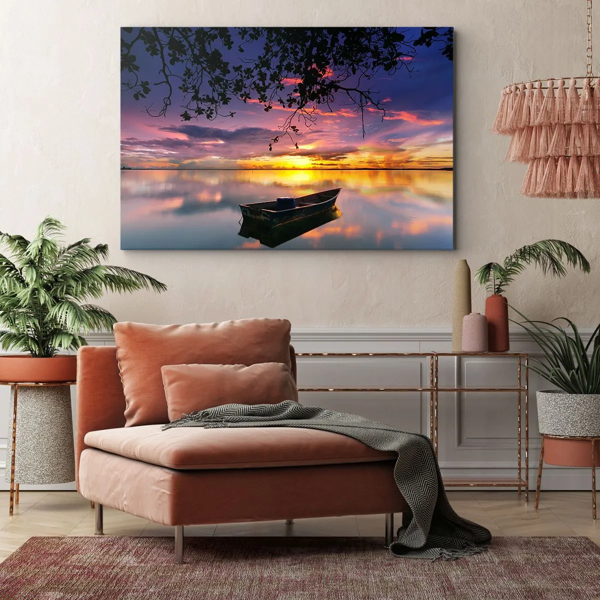 Lærredstryk - Billede på lærred - En båd på roligt vand ved solnedgang - 70x50cm - "Det ser ud til, at du hænger midt på himlen..." - Moderne vægdekoration til stue og soveværelse ARTTOR
