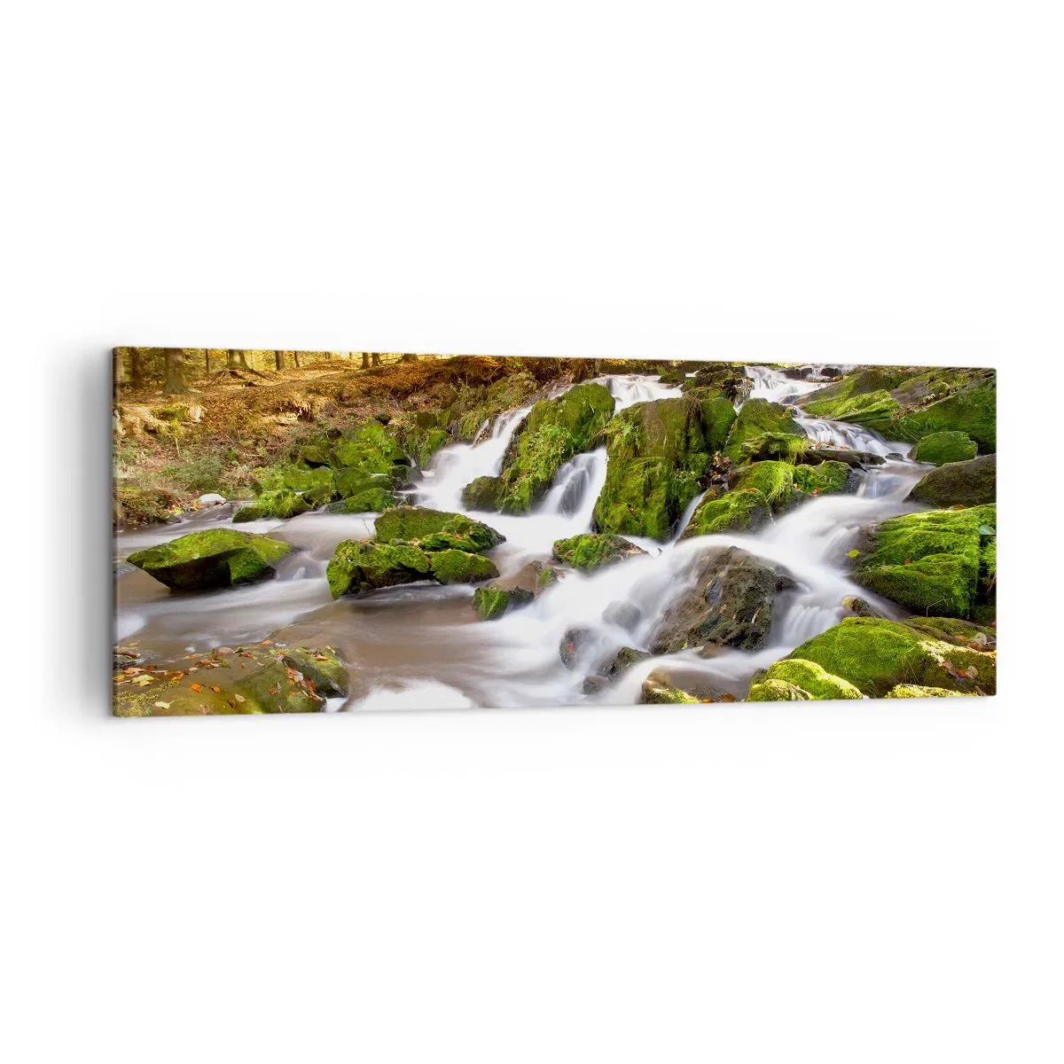 Lærredstryk - Billede på lærred - Bystrøm gennem efterårsskoven - 140x50 cm