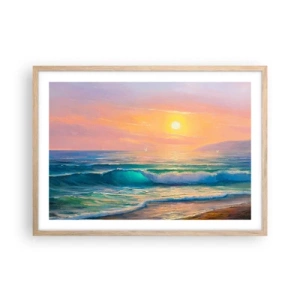 Plakat i ramme af lyst egetræ - Bølgernes turkisfarvede sang - 70x50 cm