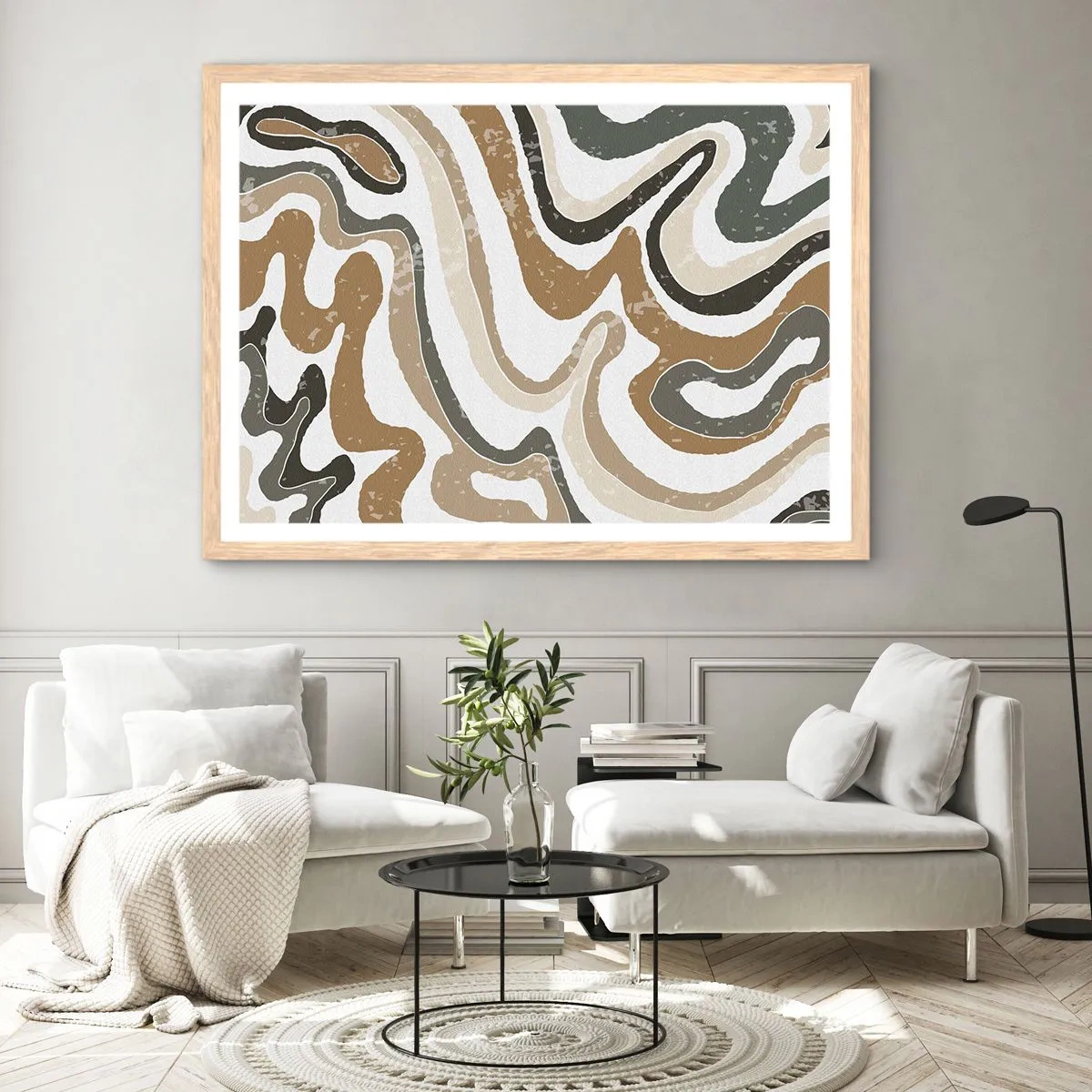 Plakat i ramme af lyst egetræ - Slyngninger af jordfarver - 50x40 cm