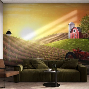 Fototapet Selvklæbende Deluxe Sticker - En gård som et eventyr - Gård, Landskab, Traktor - 200x140 cm