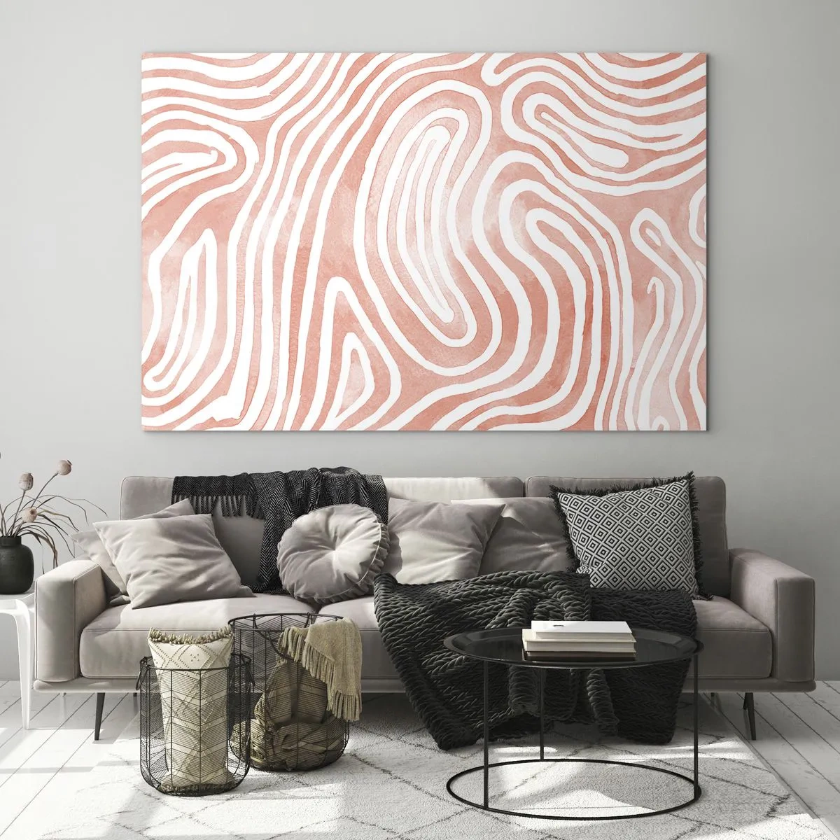 Billede på glas - Abstrakt mønster i hvide og koralfarvede nuancer - 70x50cm - I en labyrint af koraller - Moderne vægdekoration til stue og soveværelse ARTTOR