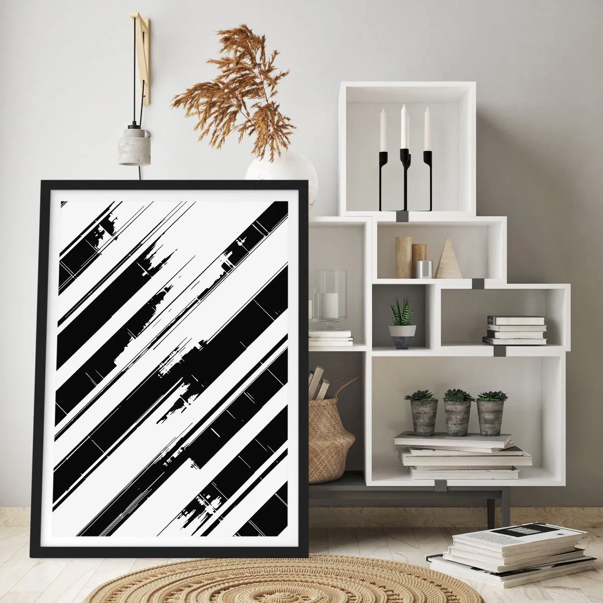 Plakat i sort ramme - Minimalistisk sort-hvid abstraktion med geometriske linjer - 50x70cm - Intens og dynamisk komposition - Moderne vægdekoration til stue og soveværelse ARTTOR