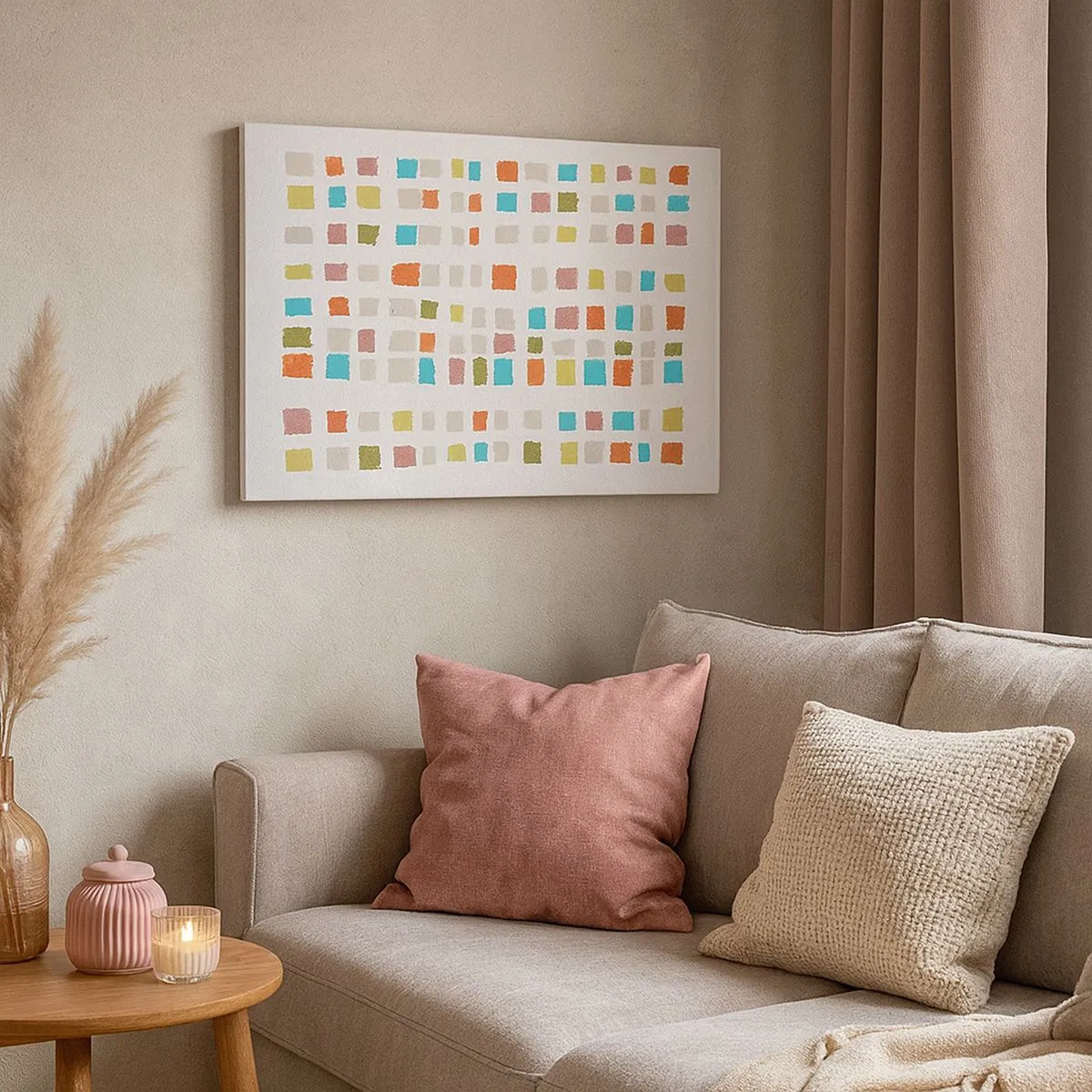 Lærredstryk - Billede på lærred - Farverige firkanter i et minimalistisk arrangement på en hvid baggrund - 70x50cm - Ukendt leg - Moderne vægdekoration til stue og soveværelse ARTTOR