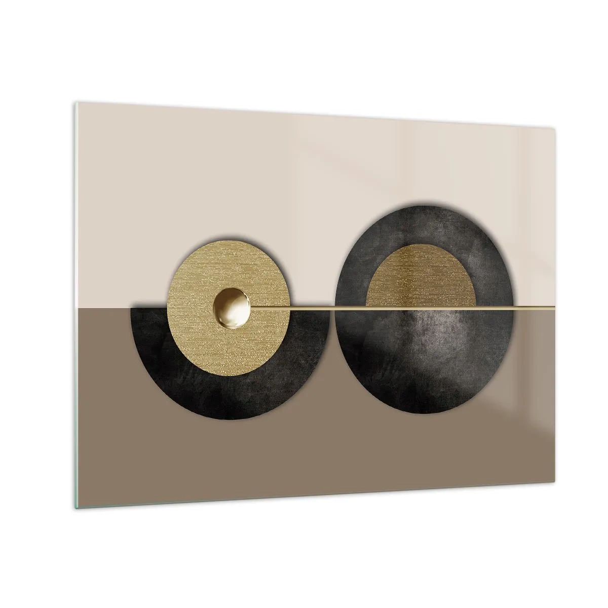 Billede på glas - Geometriske cirkler i guld og sort på en beige baggrund - 70x50cm - Variationer omkring en cirkel - Moderne vægdekoration til stue og soveværelse ARTTOR
