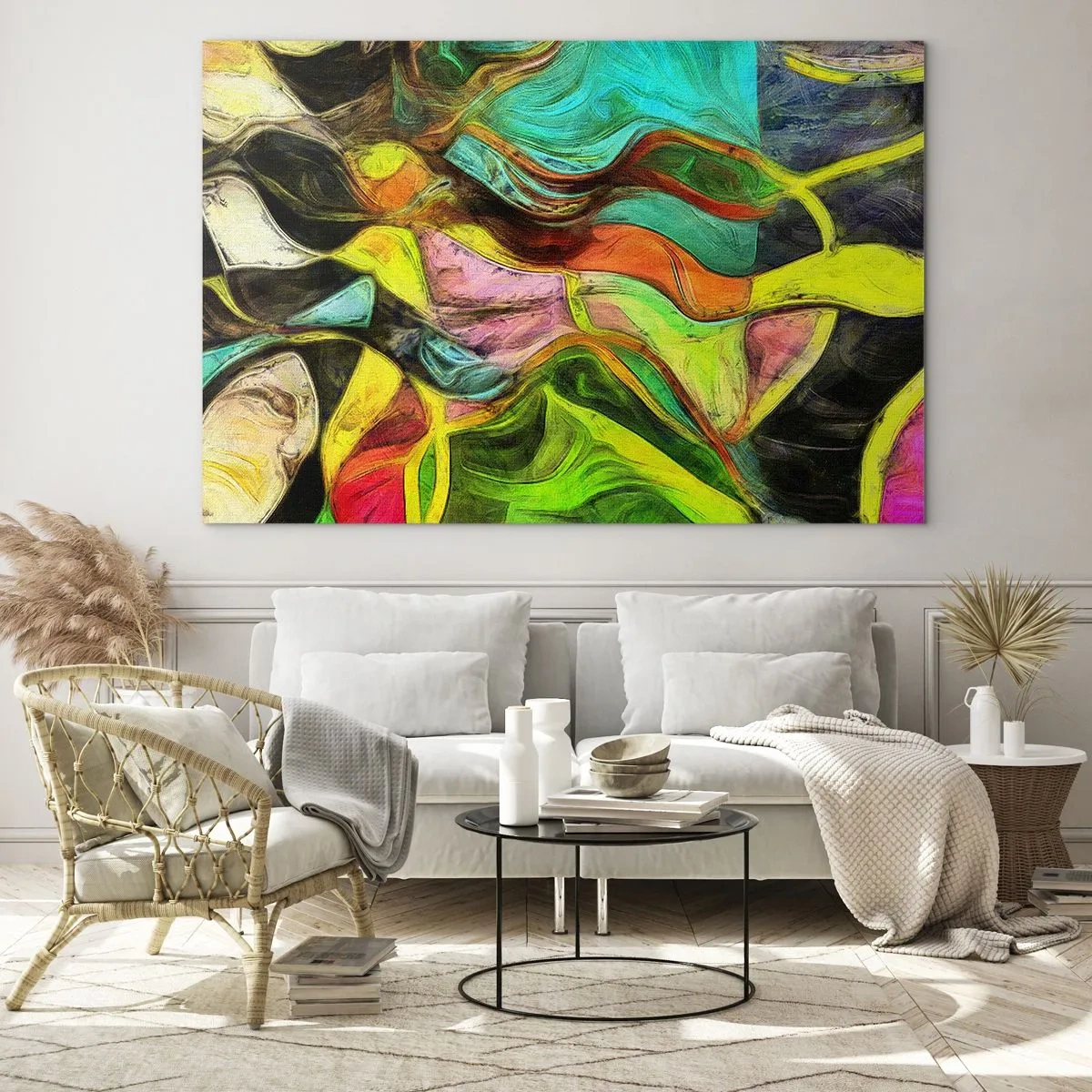 Billede på glas - En abstrakt komposition med intense, flerfarvede bølger. - 70x50cm - Bevægelse er liv - Moderne vægdekoration til stue og soveværelse ARTTOR